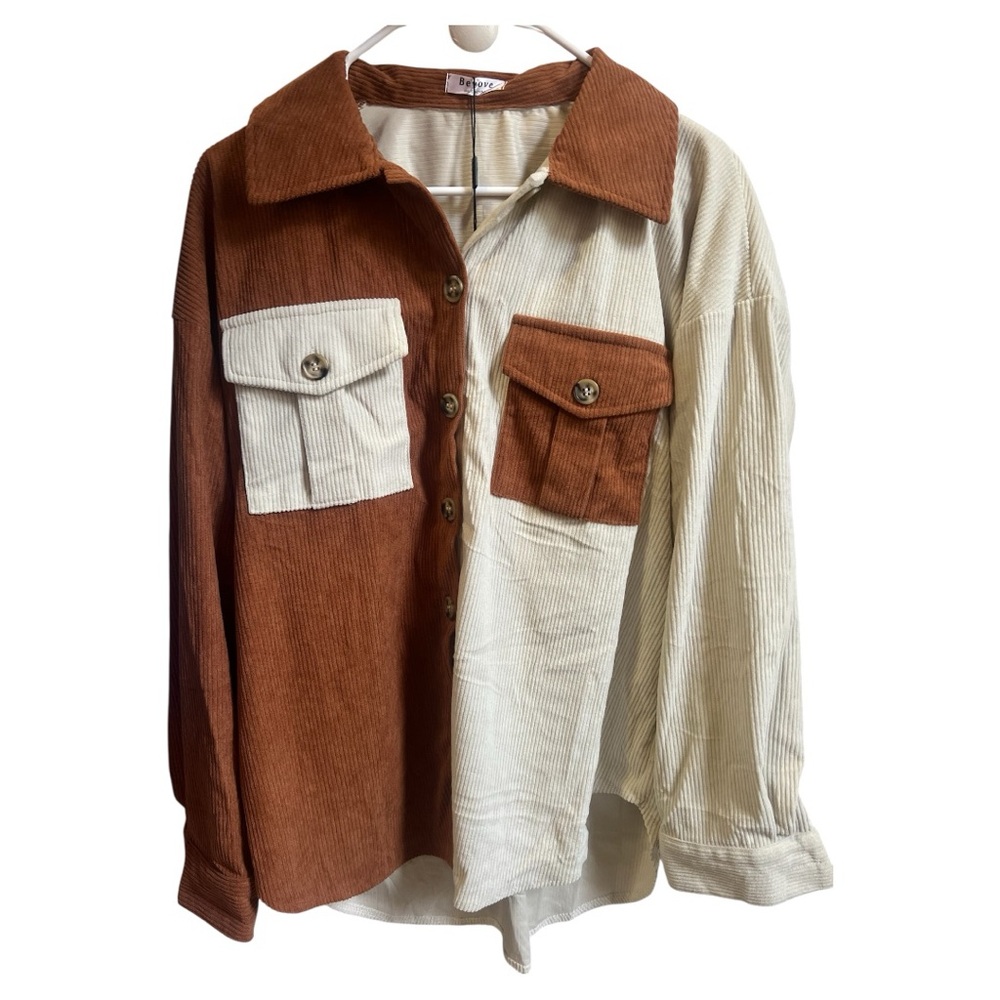 Brown and Cream Color Block Casual Button Down Shirt